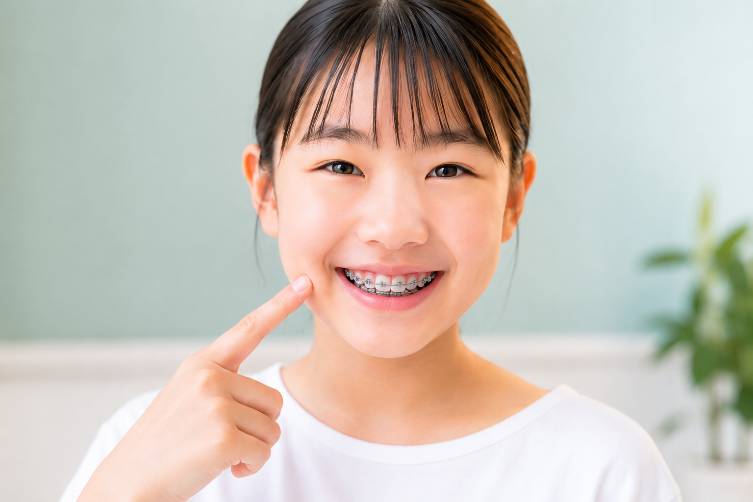 新琴似（札幌市北区）の歯医者、ふれあいの杜歯科・こども歯科の矯正装置をつけて笑うお子さま